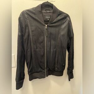 Mackage Black Leather Perforated Bomber Jacket.